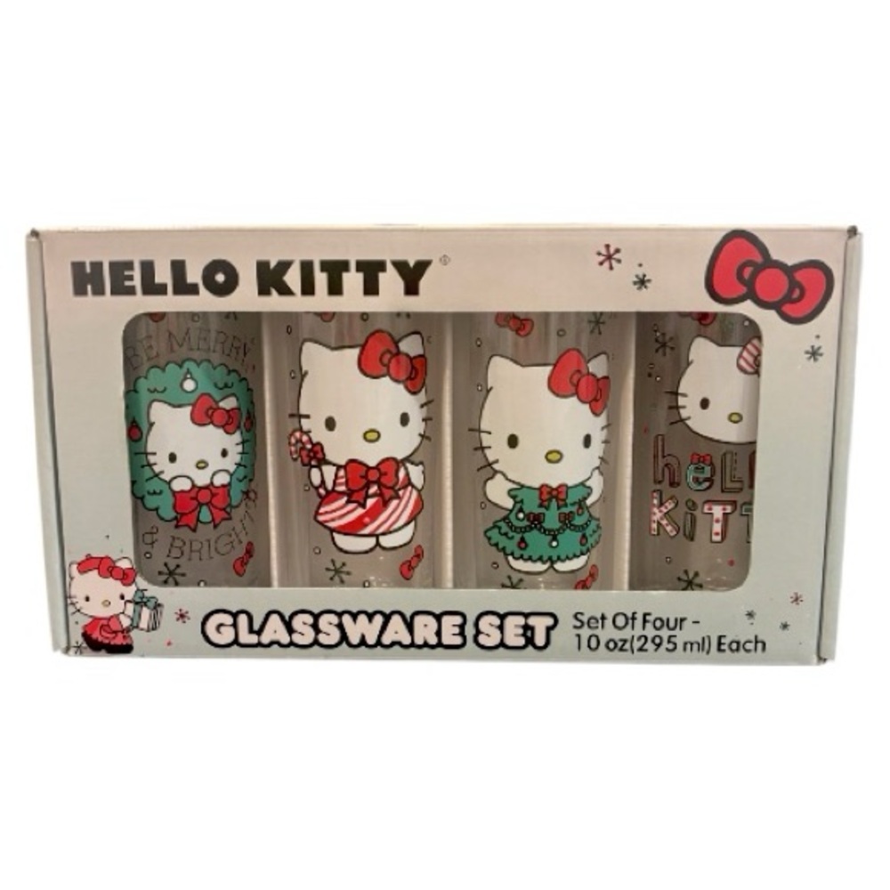 Hello Kitty Festive 4 Piece Glassware Set with Red and Green Accents 10oz NEW